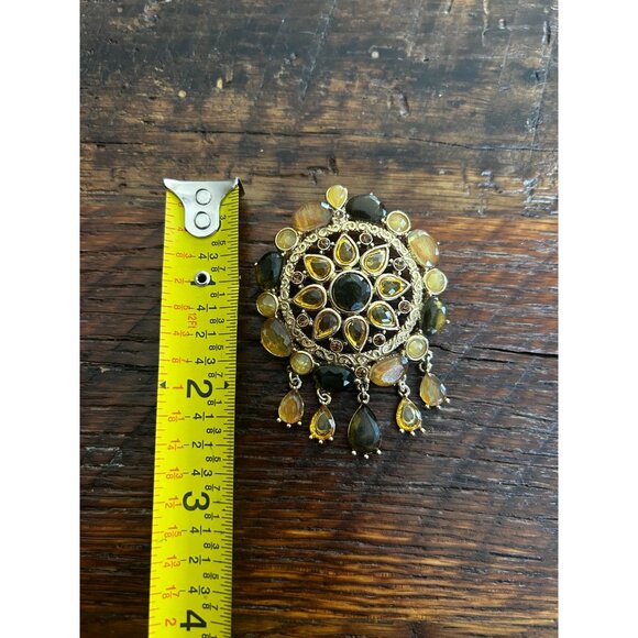 Vintage Gold-Tone Sunburst Brooch With Dangling Amber & Black Gemstone Accents - Picture 4 of 4